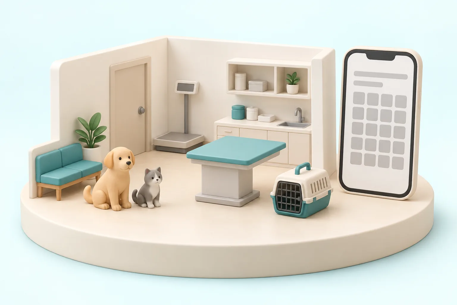 診察台と体重計、キャリーケースと犬と猫の置物がある動物病院の模型とスマートフォン