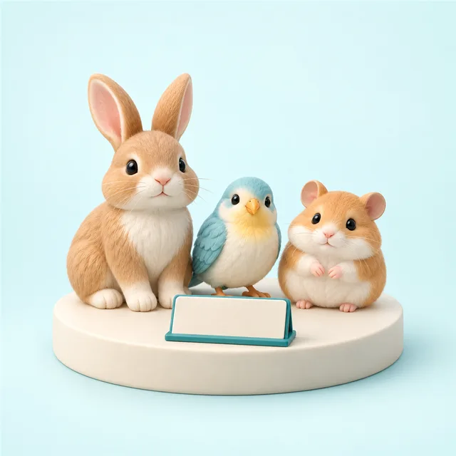 うさぎと小鳥とハムスターの置物が並び、その前に無地の小さな札が立つ様子