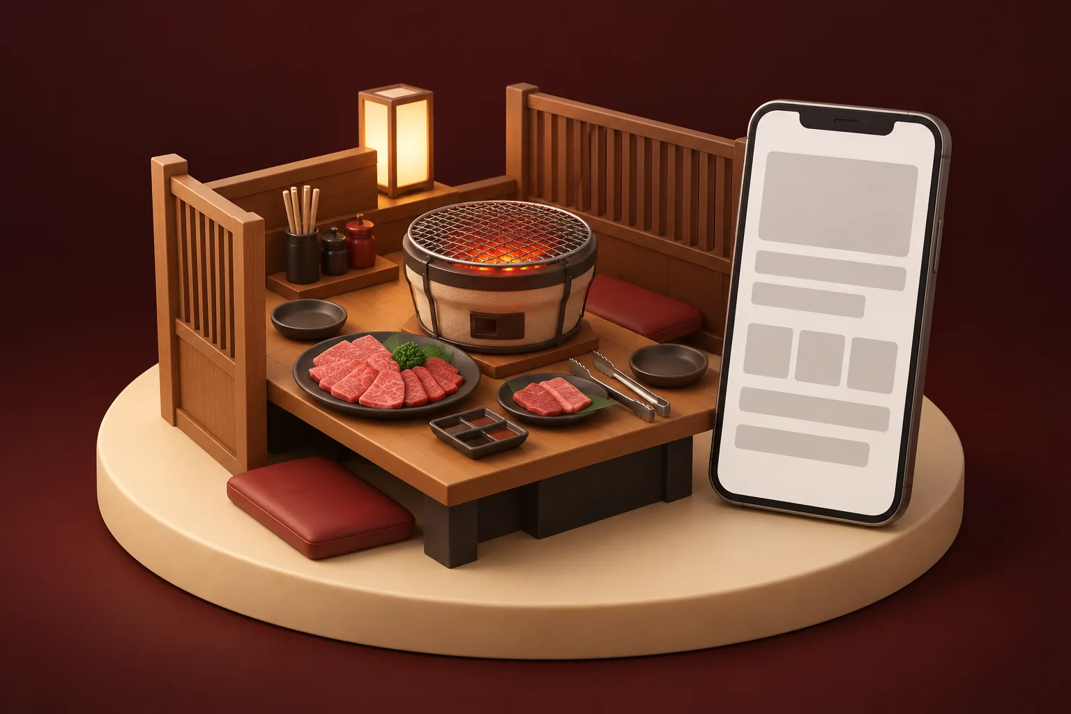 炭の灯る七輪と皿に並ぶ肉、木の仕切りで区切られた席のある小さな焼肉店の模型
