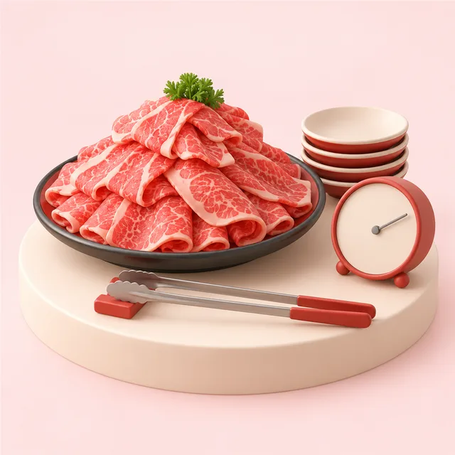 薄切りの肉が山盛りの大皿と、文字盤が無地の小さな置き時計、重ねた小皿と取り箸
