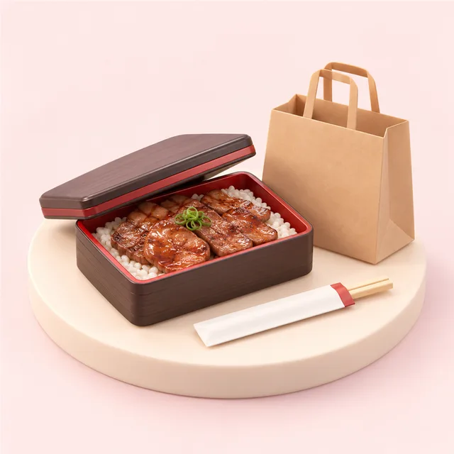ふたを少し開けた焼肉弁当の箱と、無地の紙の手提げ袋と割り箸