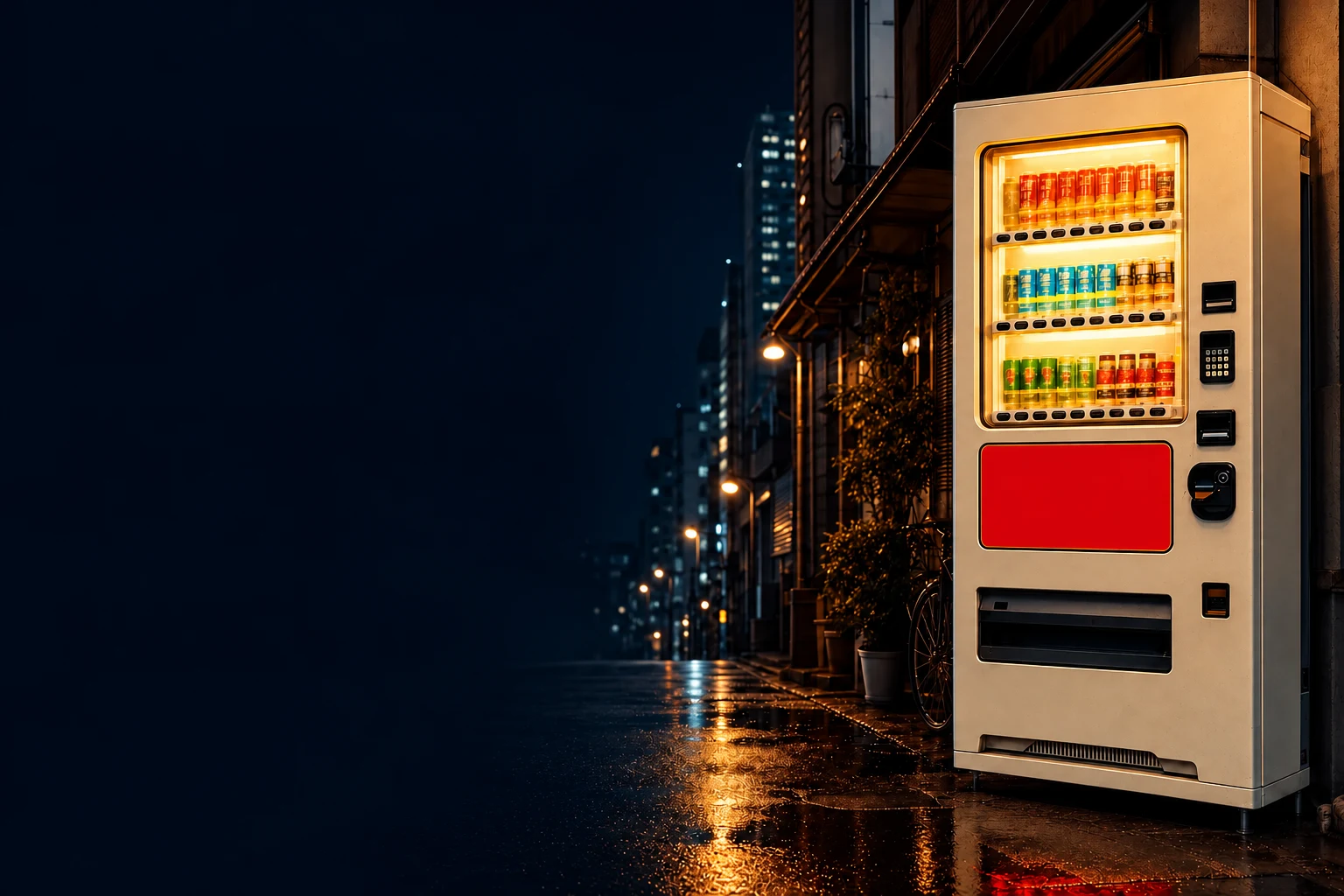 夜の街に灯るホームページ自動販売機