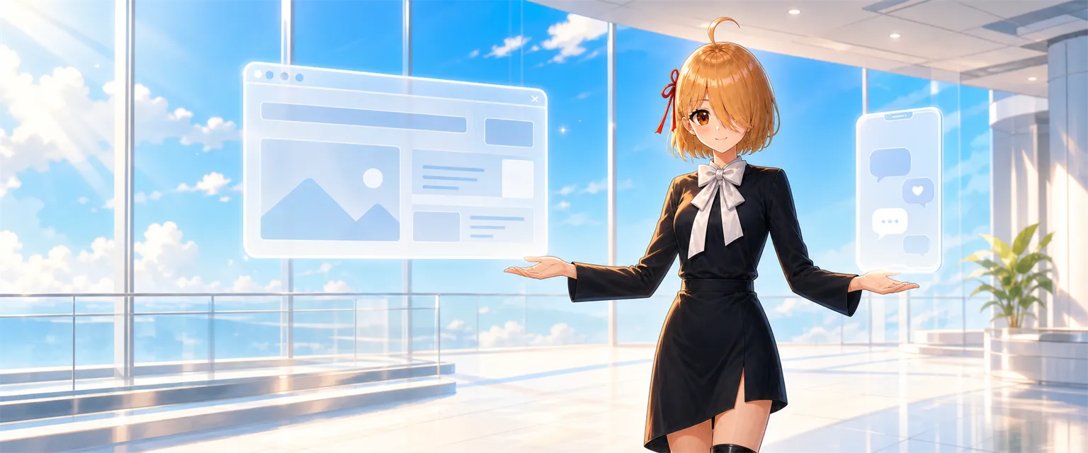 ホームページと SNS のパネルを紹介する AI社員サキちゃん