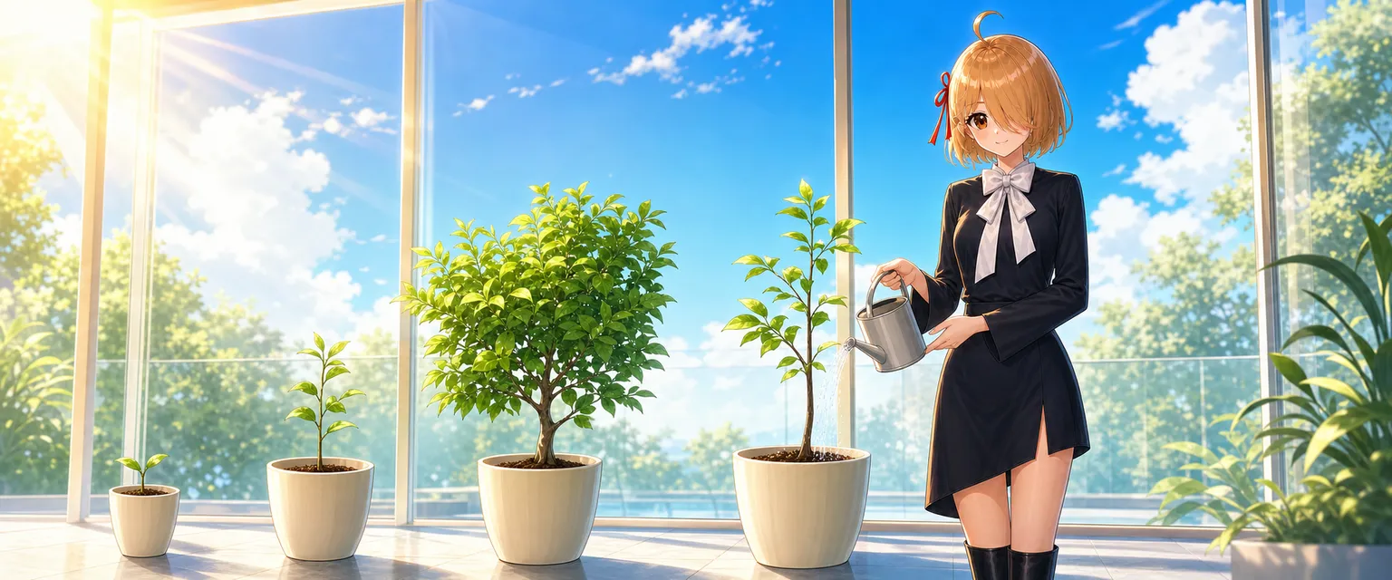 植物に水をやり続けて育てるように WEB を育てる様子を示す AI社員サキちゃん