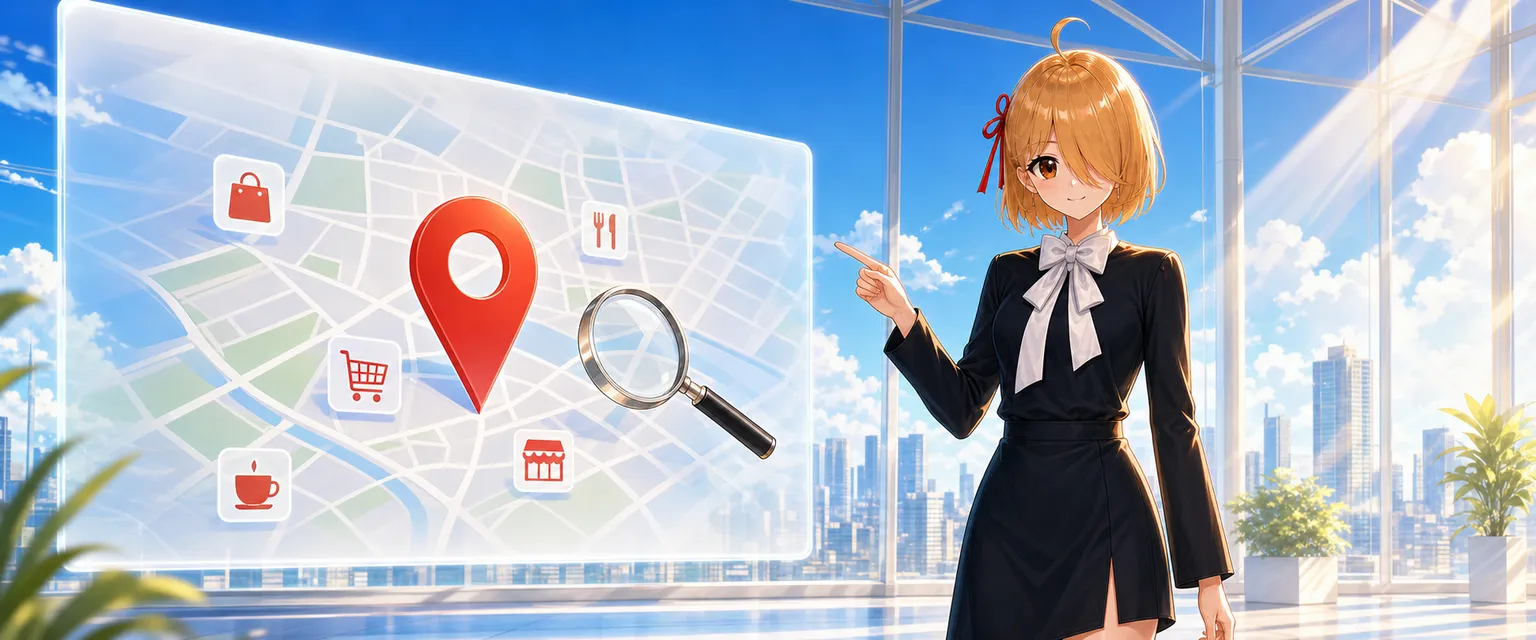 地図のピンと虫眼鏡で「地域×目的」の検索を示す AI社員サキちゃん