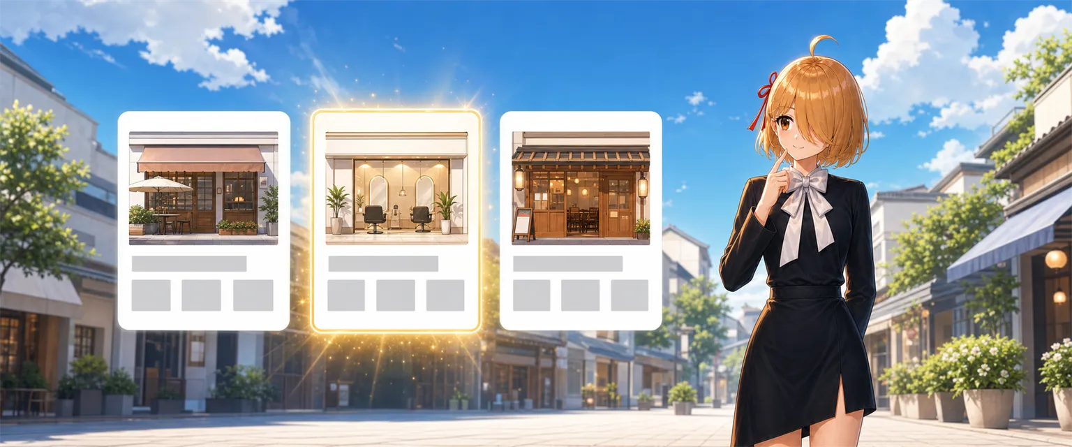 並んだ店舗カードを見比べる AI社員サキちゃん
