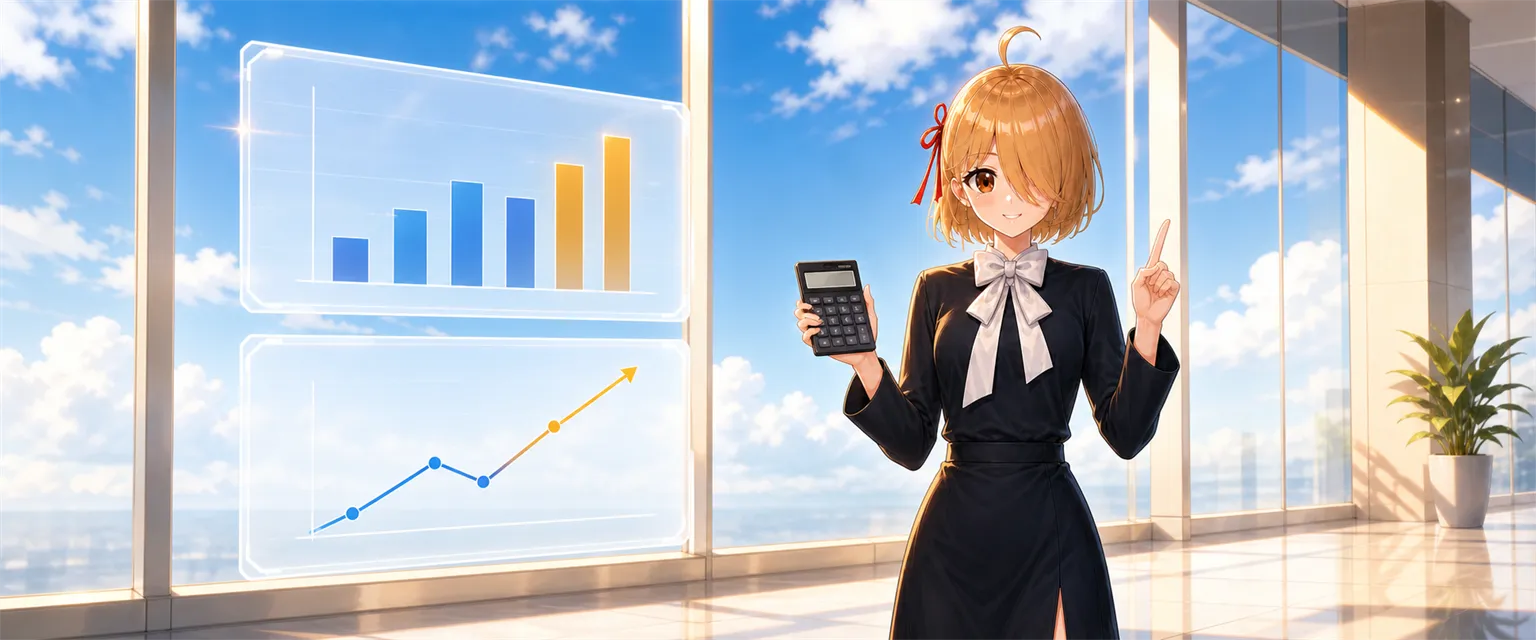 電卓を持って費用対効果を説明する AI社員サキちゃん